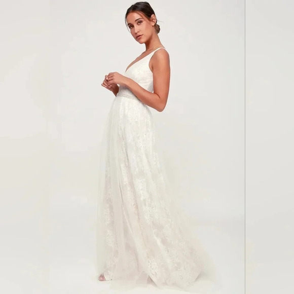 Lulu's Sweet Love Ivory Lace Beaded Maxi Dress XS Wedding Bridal Party - Picture 3 of 11